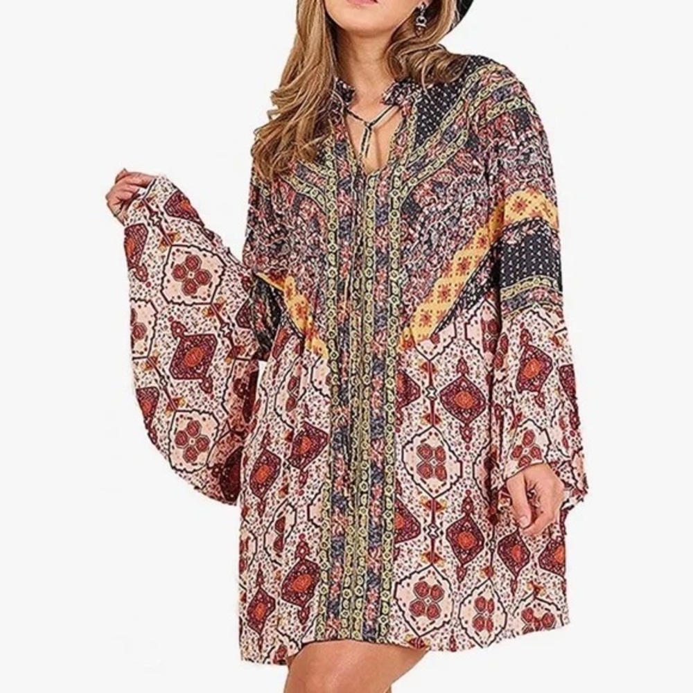 Umgee Bohemian Patterned Bell Sleeve Mini Dress